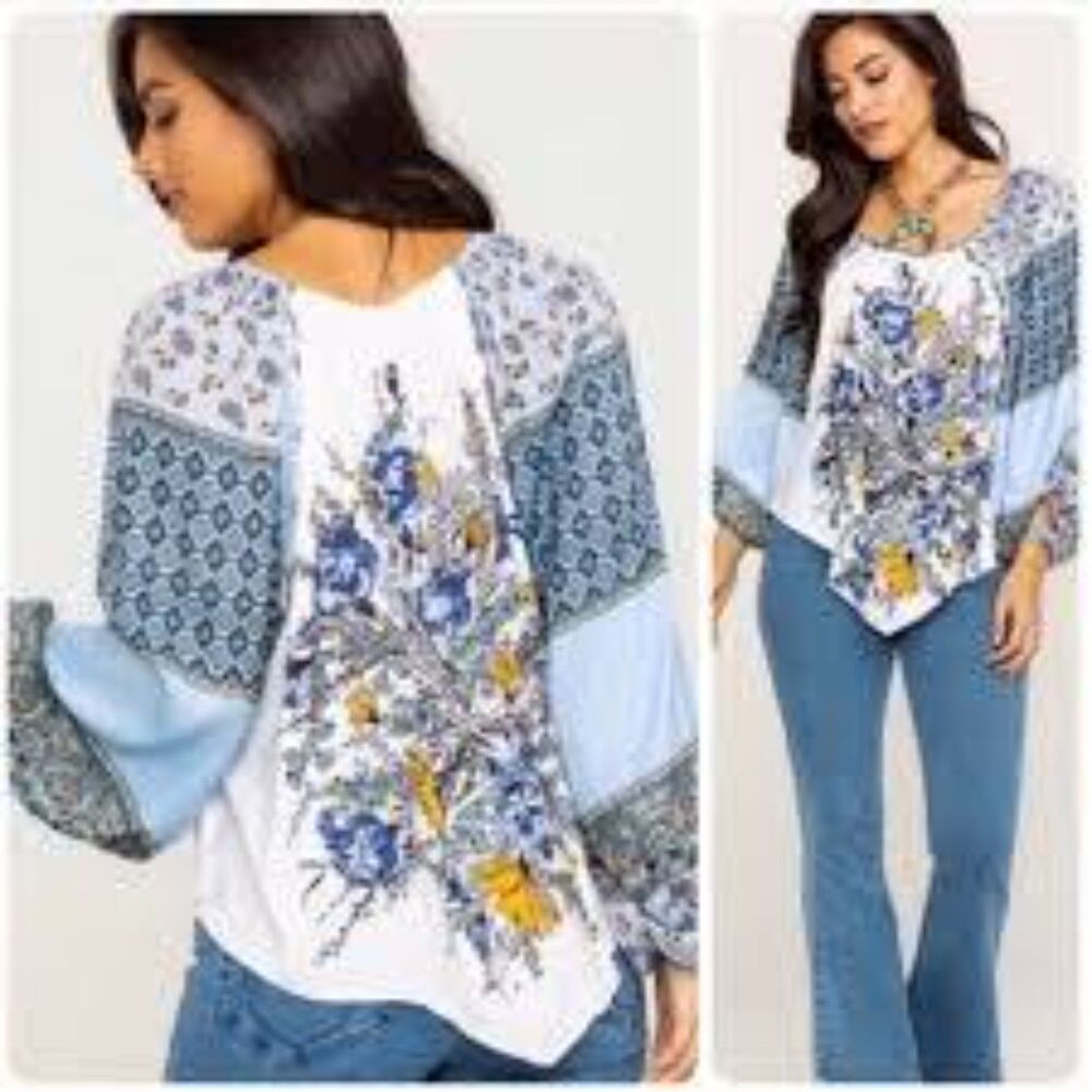 Free People Positano Printed Peasant Top Boho Prairie Cottage Flowy Size M
